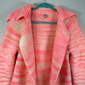 VTG Hand Knit Pink White Striped Shawl Collar Cardigan Sweater Faux Buttons
